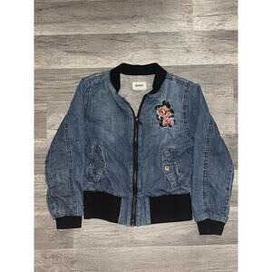 Vtg HUDSON Girls Size Small Denim blue Bomber Jacket Embroidered Rose Lined